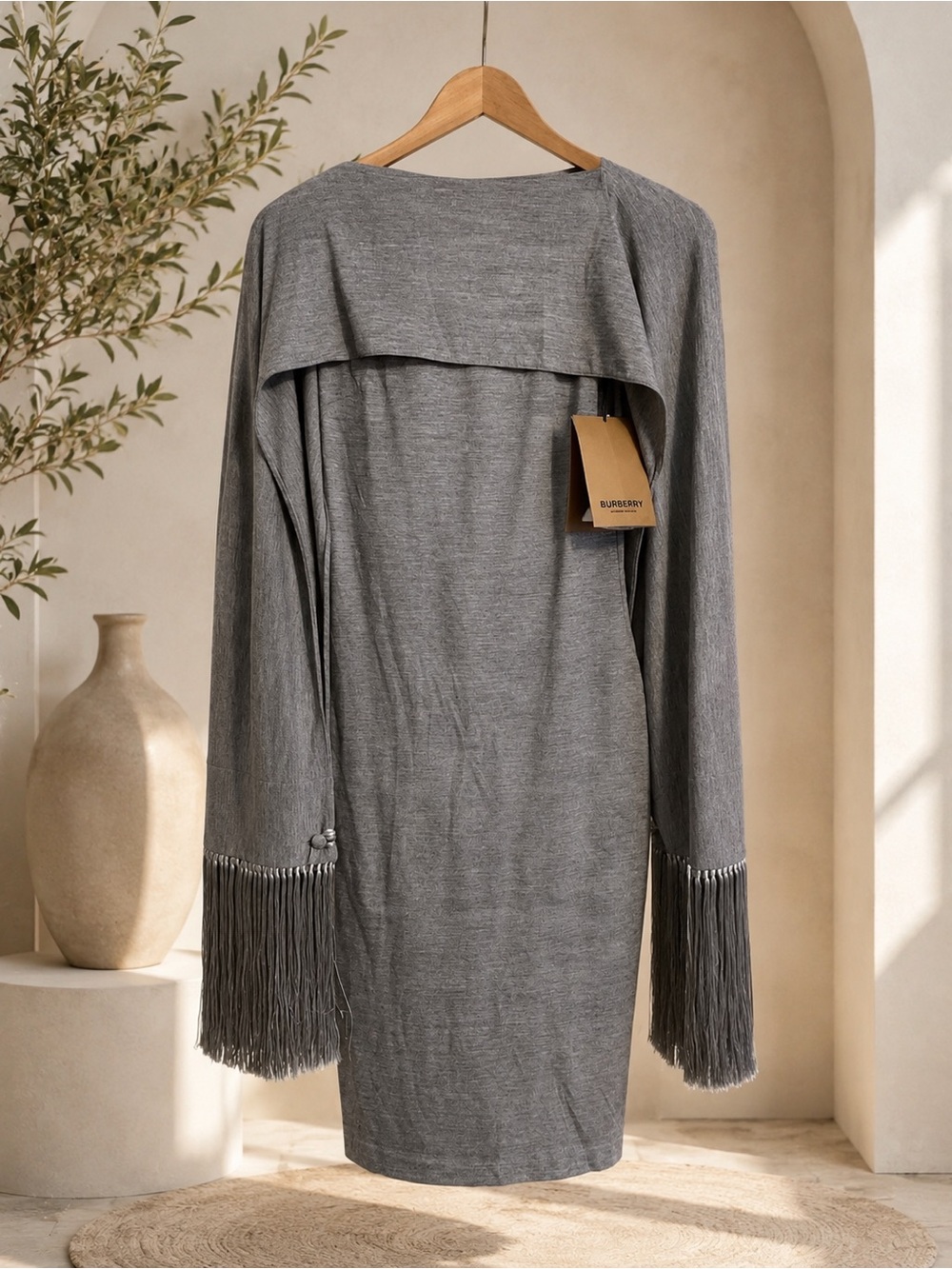 Burberry Grey Fringe-Trim Midi Sheath Dress
